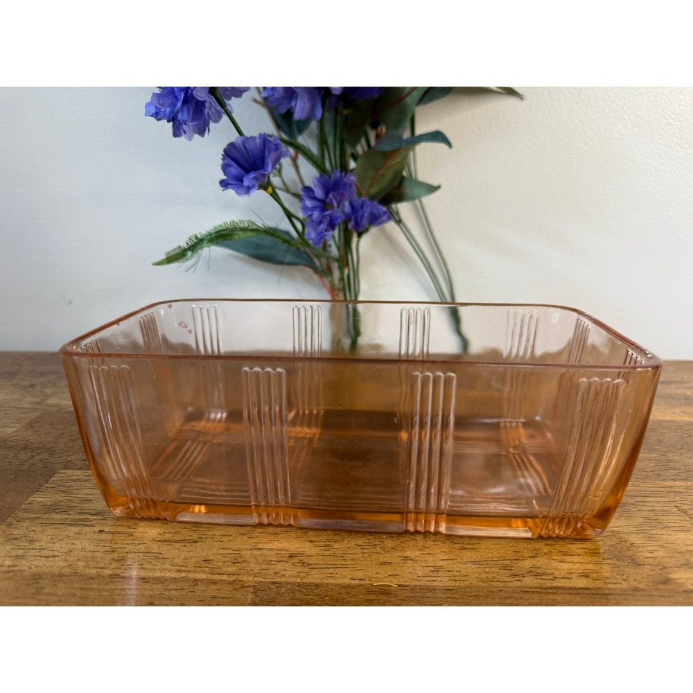 Vintage Federal Glass Pink Depression Glass Refrigerator Dish Ribbed Art Deco